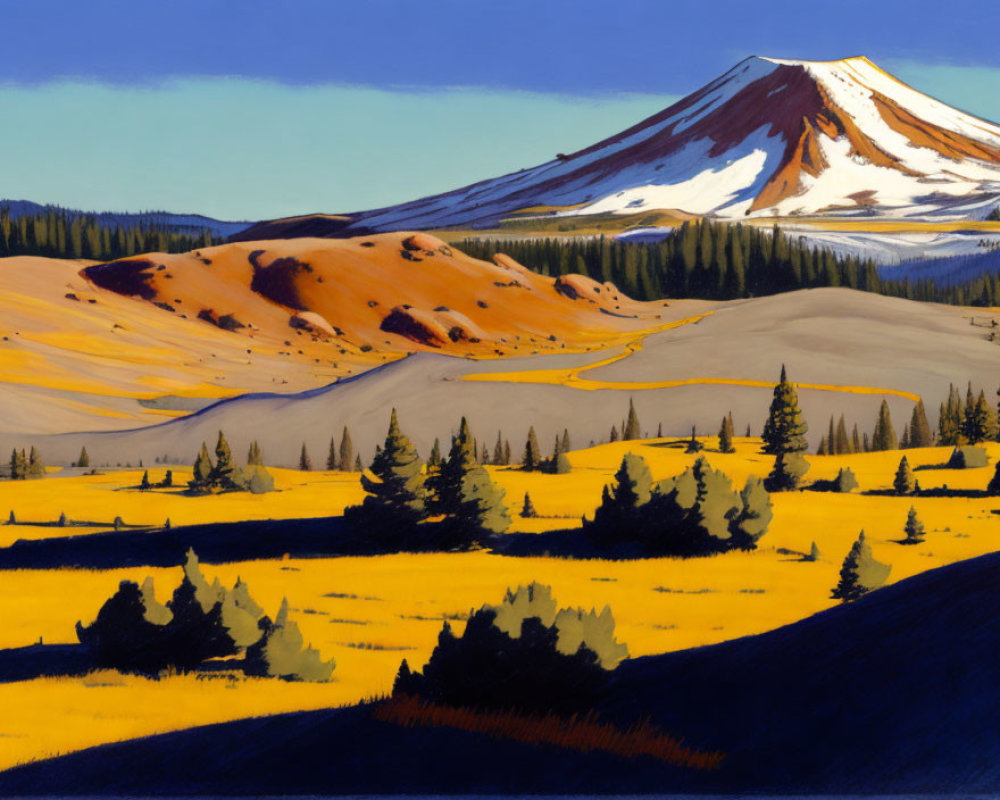 Colorful mountain landscape painting with yellow fields, pine trees, rolling hills, and snow-capped peak