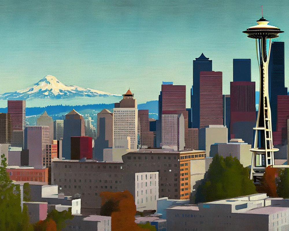 Vibrant Seattle Skyline Painting with Space Needle and Mount Rainier