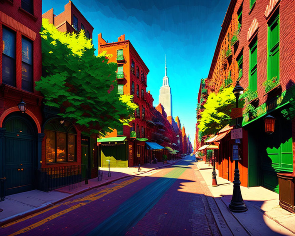 Colorful digitally altered city street scene with vibrant buildings, green trees, and clear sky