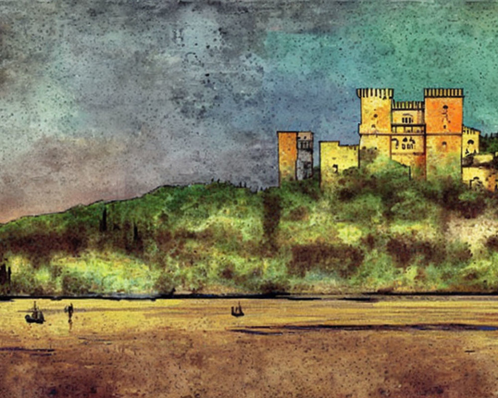 Textured painting of historic castle on hill with verdant surroundings and small figures.