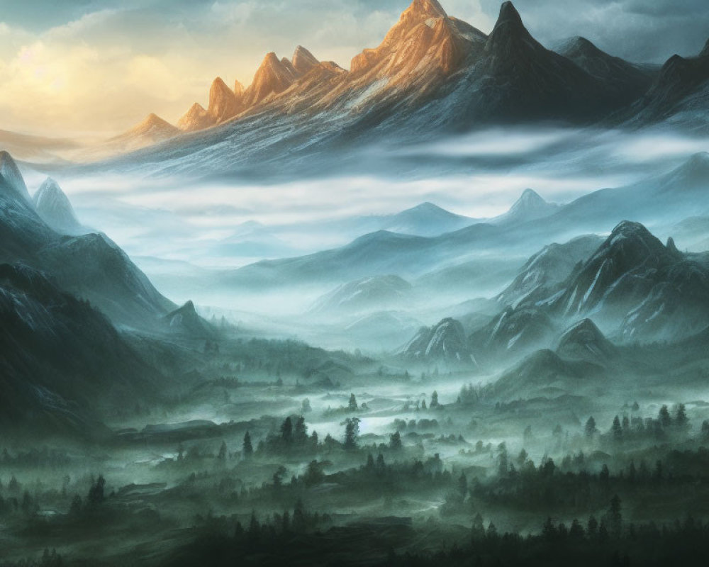 Misty Valley Landscape with Mountain Peaks at Sunrise or Sunset