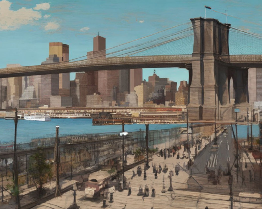 Crowded promenade with Brooklyn Bridge and NYC skyline on sunny day