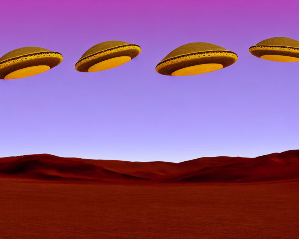 Golden UFOs in Formation Over Red Desert Landscape and Purple Sky