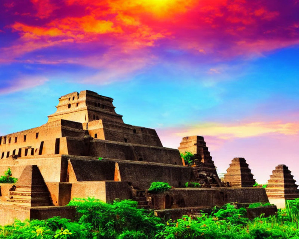 Ancient Mesoamerican pyramid in lush greenery at sunset