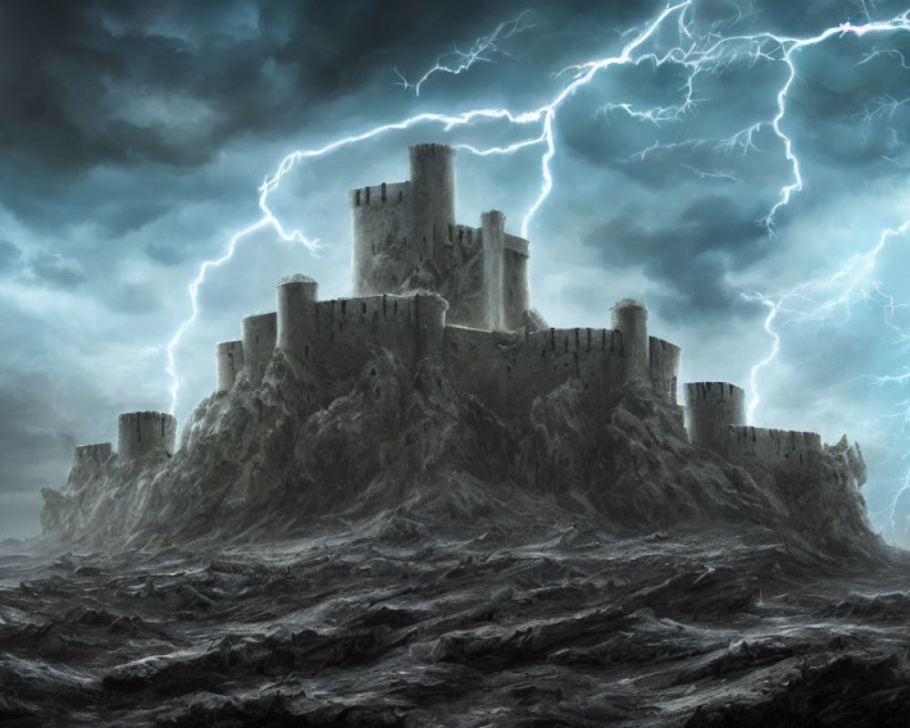 Stone castle on rugged hill in storm with lightning strikes