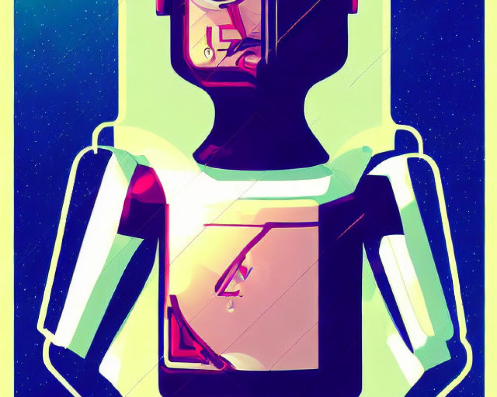 Colorful geometric robot illustration with red eye on gradient background