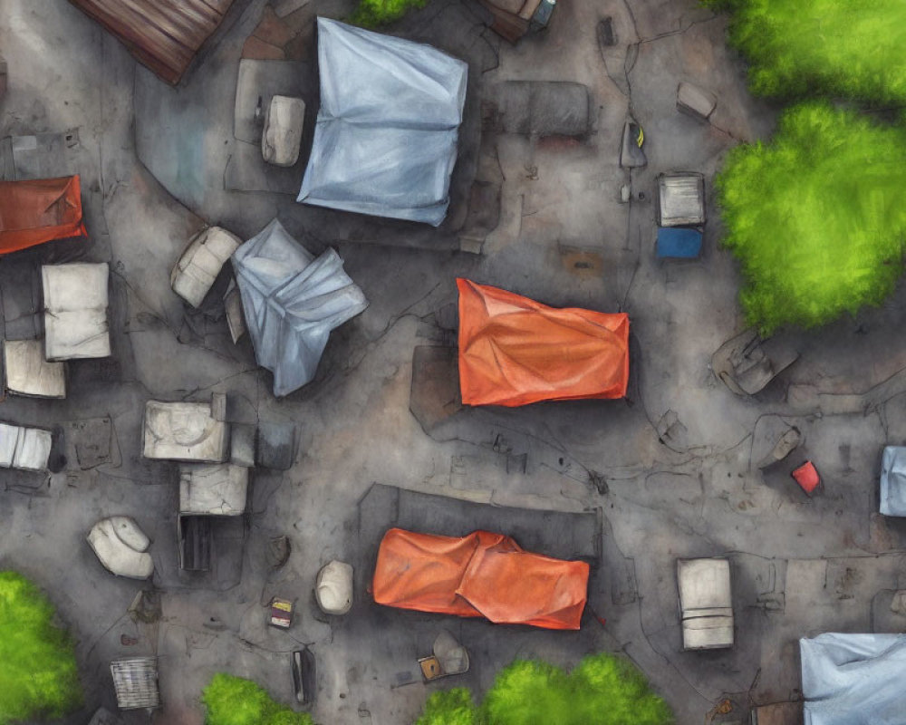 Cluttered makeshift settlement with tarps and tents in green surroundings