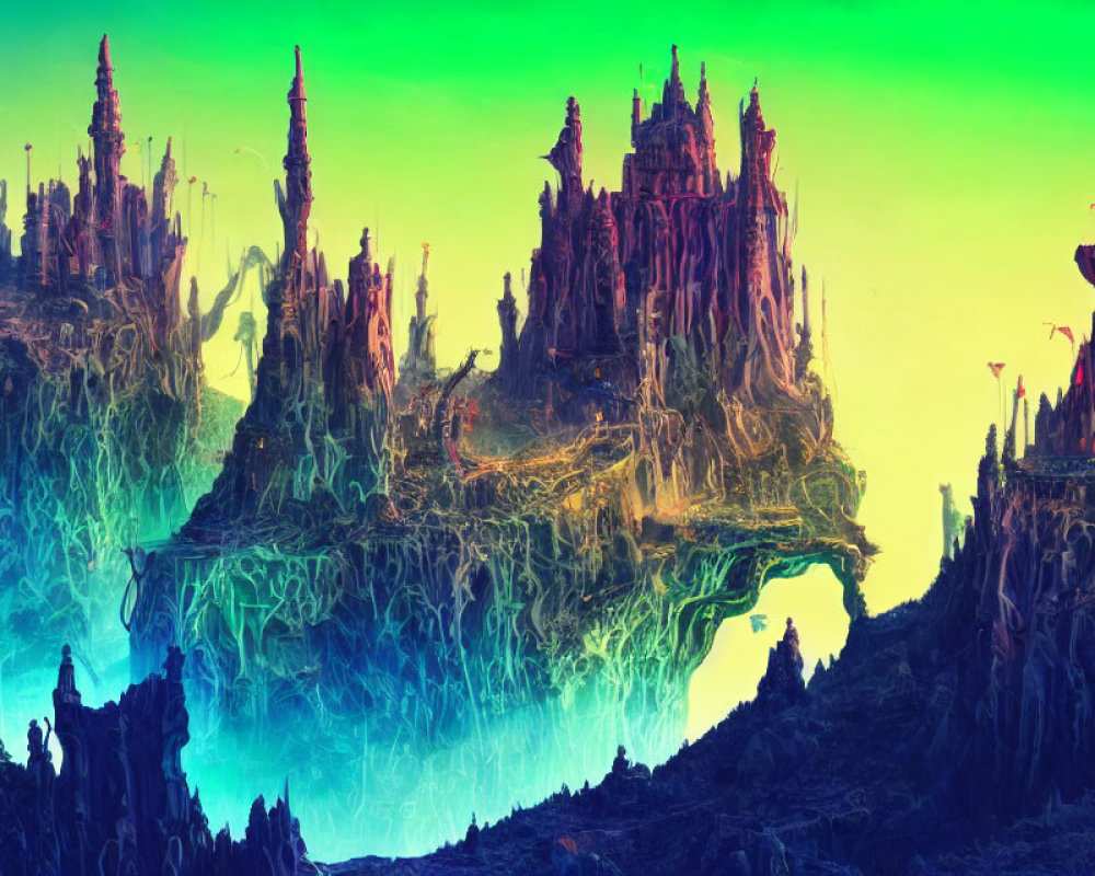 Vibrant surreal landscape with green and blue hues and otherworldly rock formations