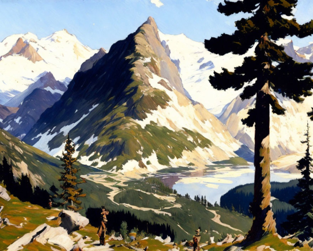 Mountain landscape painting with pine tree, snow-capped peaks, and valley.