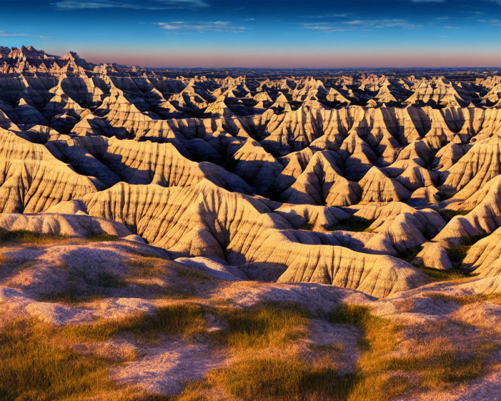 Eroded Landscape with Layered Rock Formations at Sunset