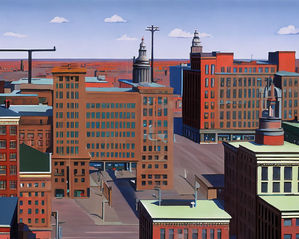 Urban skyline painting with flat-colored high-rise buildings under clear blue sky