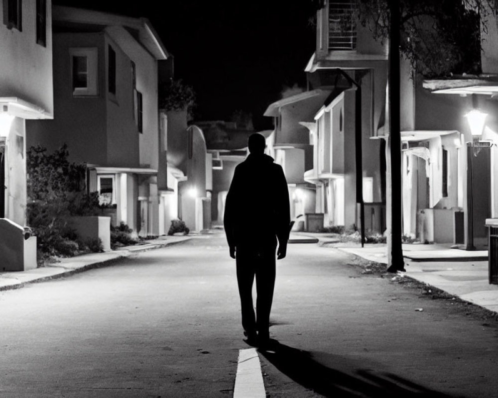 Lonely figure on dimly lit suburban street at night