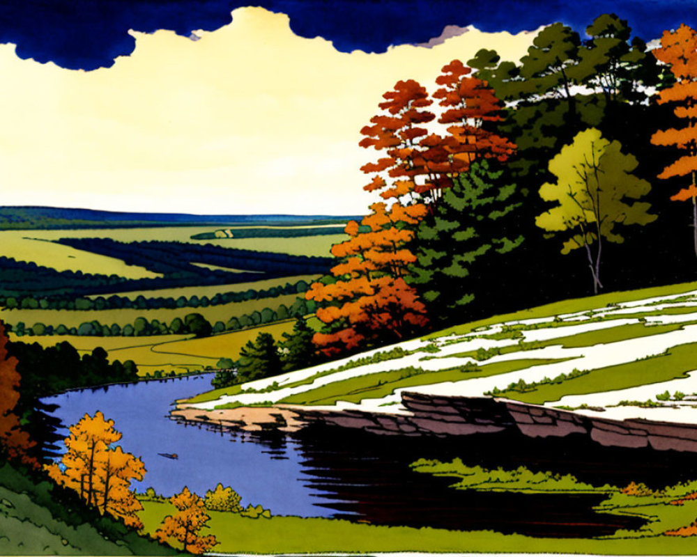 Colorful autumn trees by river in animated landscape