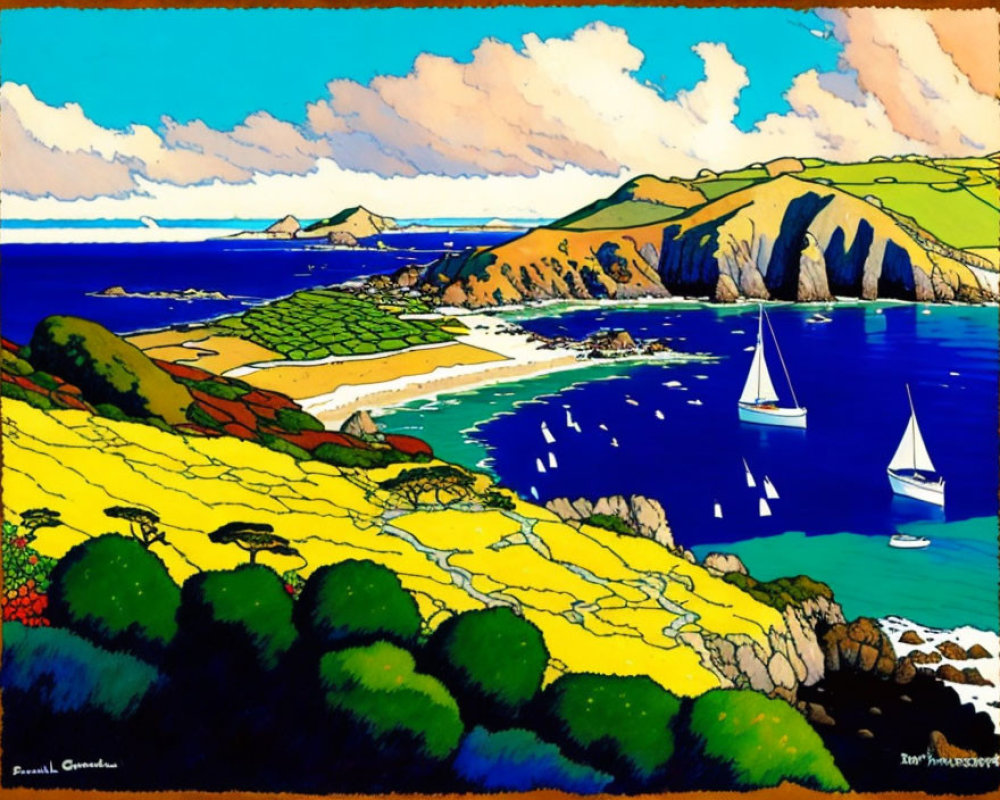 Vibrant coastal landscape with sailboats, sea, fields, flowers, hills, and sky