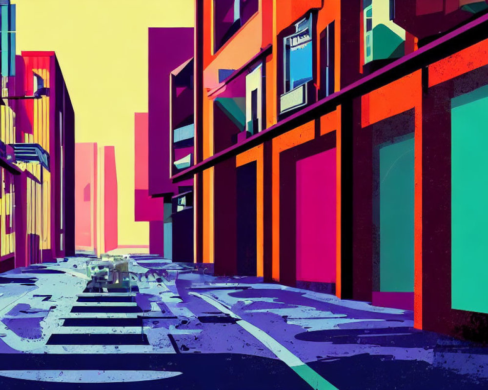 Colorful urban street illustration with bold purple, blue, pink, and green buildings.