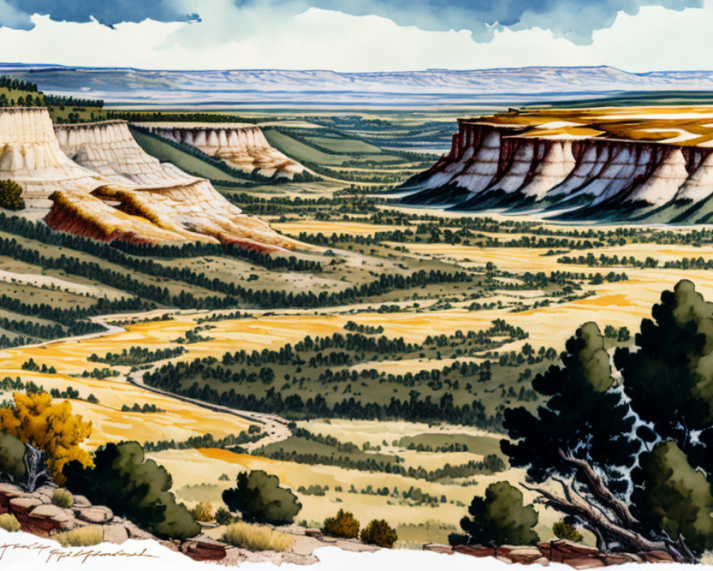 Scenic plateau painting with rock formations, valley, trees, and blue sky