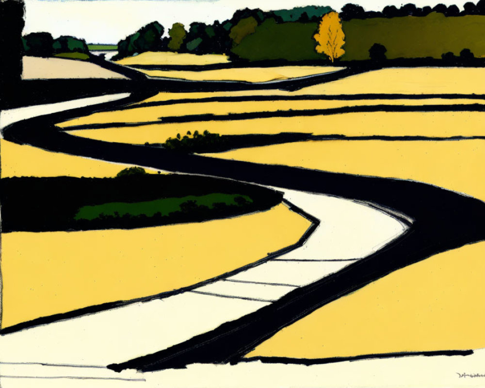 Stylized painting of winding road in yellow fields under blue sky