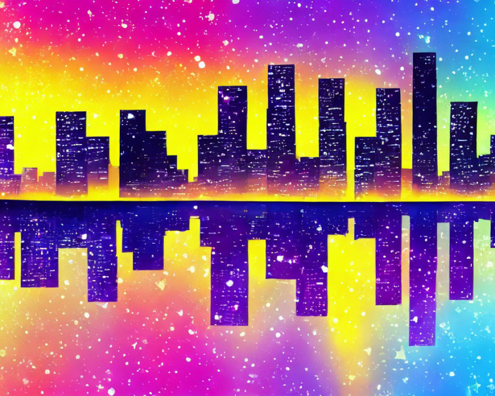 Colorful City Skyline Reflection on Water Surface Under Starry Sky