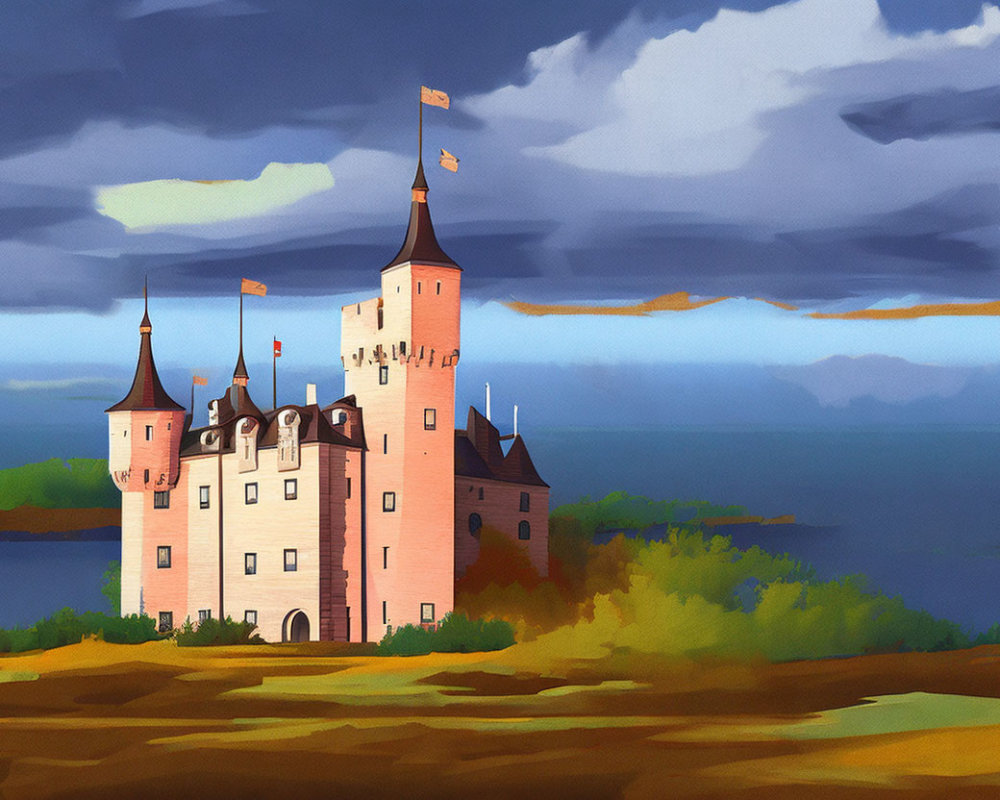 Castle painting with pointed towers and flag by the sea