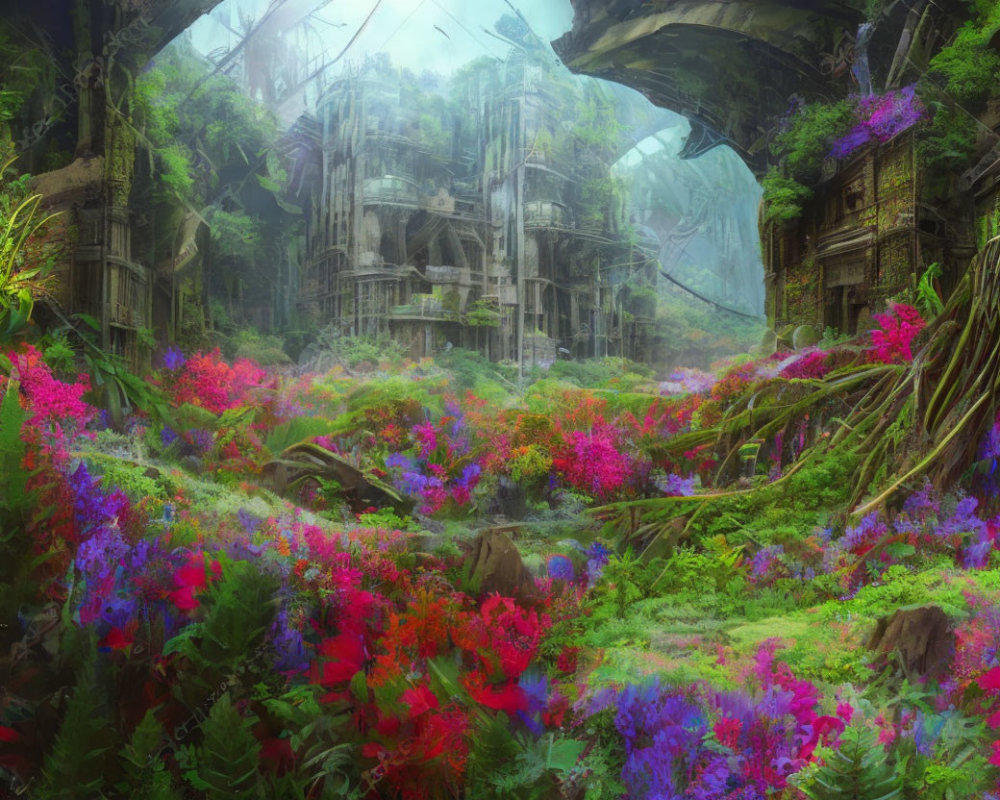 Mystical Overgrown Forest with Vibrant Flowers and Ancient Structures