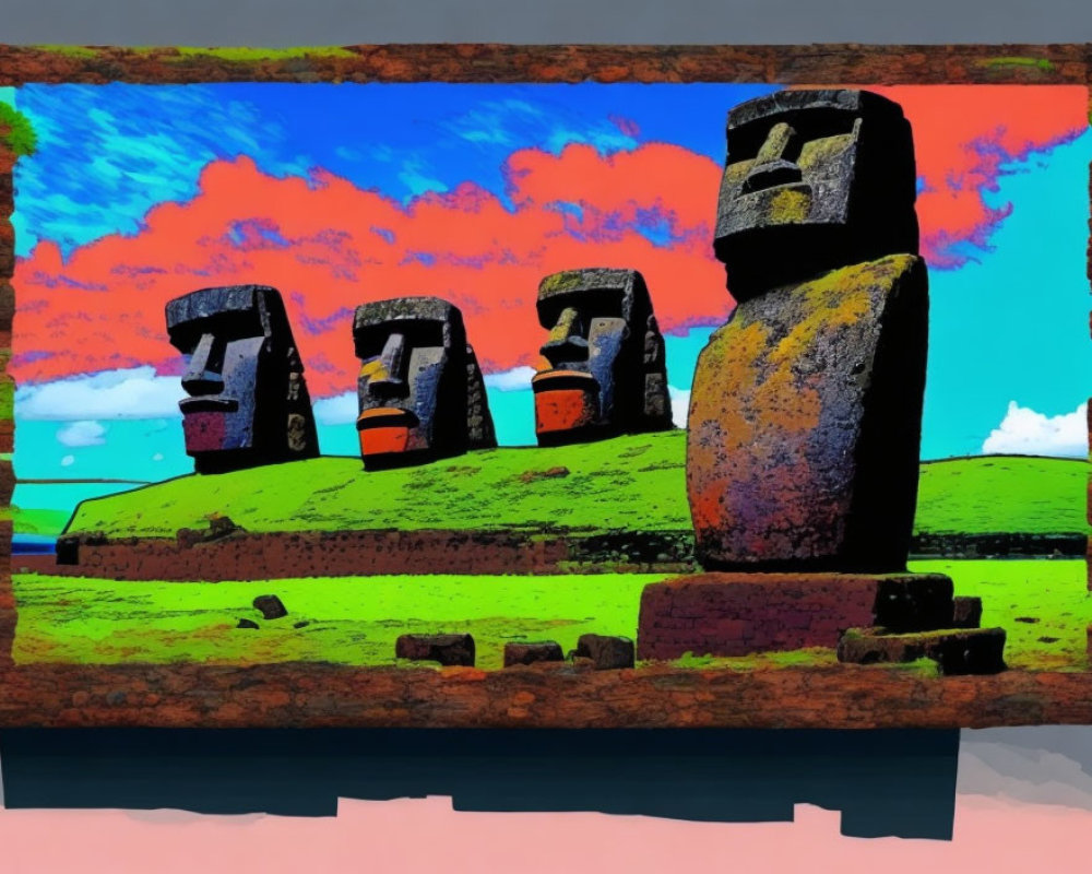 Colorful Cartoon Depiction of Easter Island Moai Statues