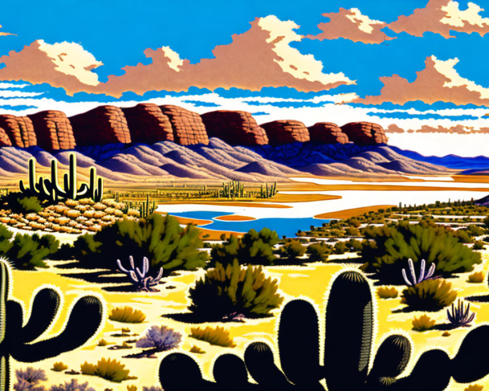 Colorful desert scene with cacti, lake, and rock formations under blue sky