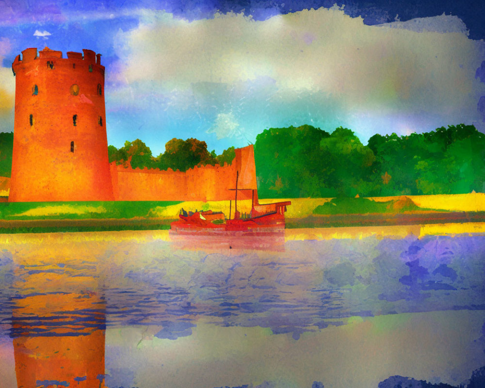 Historic tower by calm lake in watercolor art