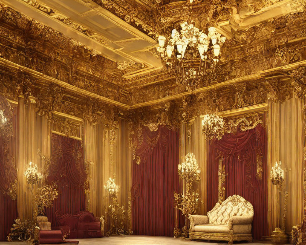 Luxurious Baroque-style Room with Golden Decorations & Chandeliers