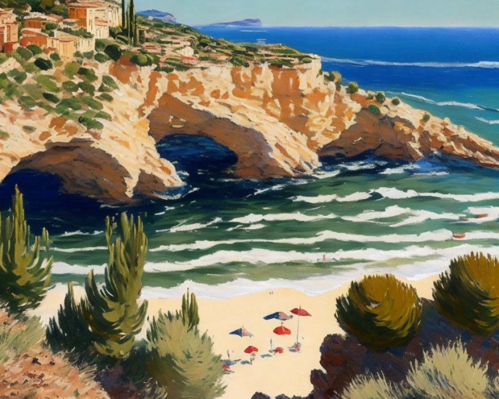 Coastal Landscape Painting with Sandy Beach, Umbrellas, Cliffs, Vegetation, and Blue