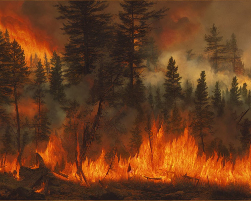 Intense forest fire engulfing trees under dark sky