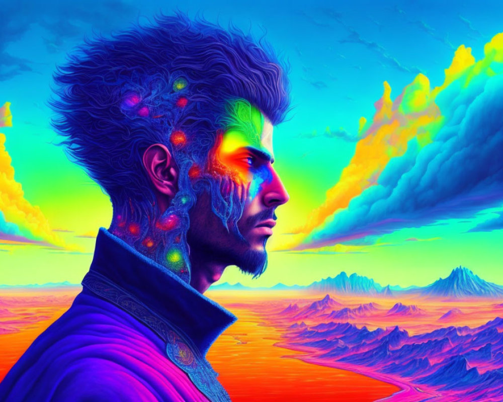 Colorful man with vibrant skin and hair in psychedelic landscape