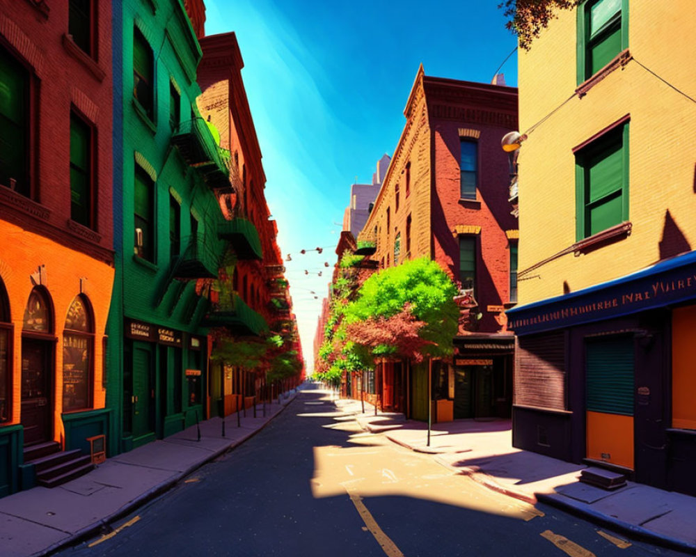 Colorful Urban Street Scene with Dramatic Shadows