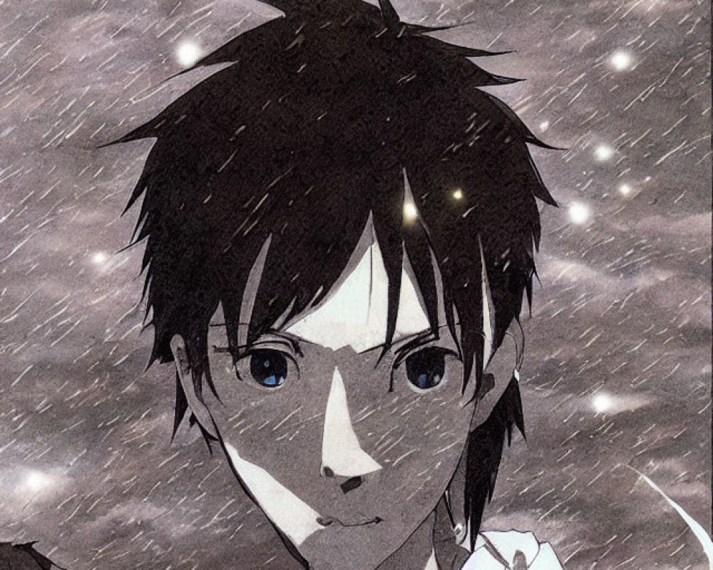 Young anime character with dark hair and white top in snowy setting