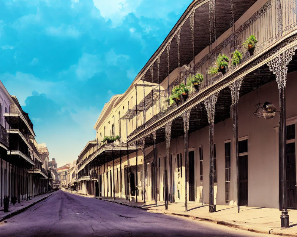 Historic street with ornate iron balconies and planters under clear blue sky