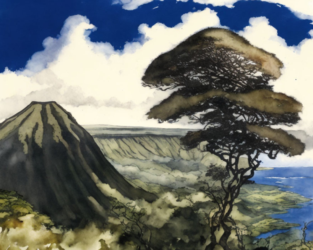 Scenic Watercolor Landscape with Tree, Volcanic Mountain, Sea, and Cloudy Sky