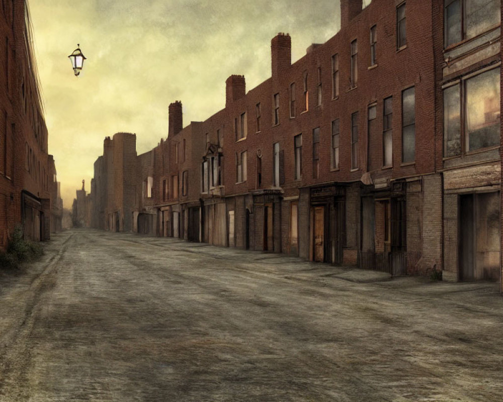 Abandoned urban street scene with derelict brick buildings and a single street lamp