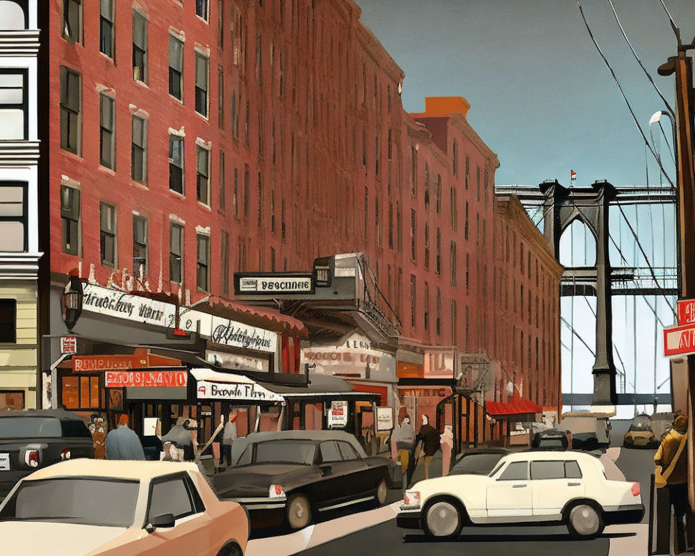 Detailed city street illustration with vintage shops, cars, people, and bridge under clear sky.