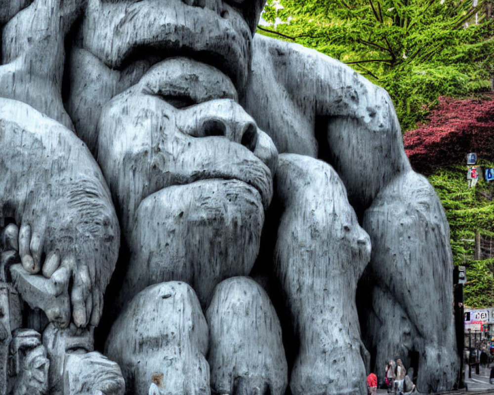 Massive pensive ape sculpture dwarfs human figures in scene