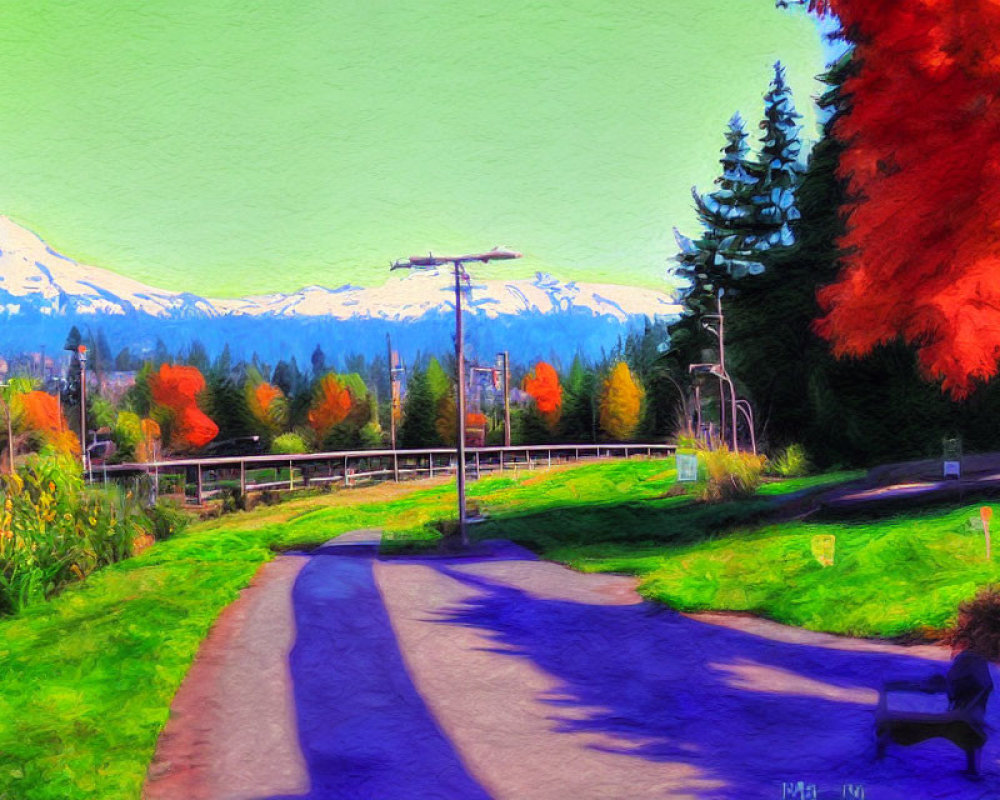 Scenic park with autumn trees, pathway, benches, and distant snow-capped mountain