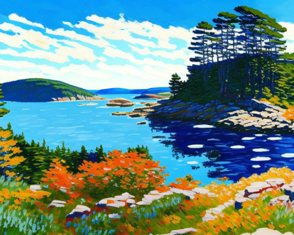 Colorful Coastal Landscape with Evergreen Trees and Calm Blue Sea