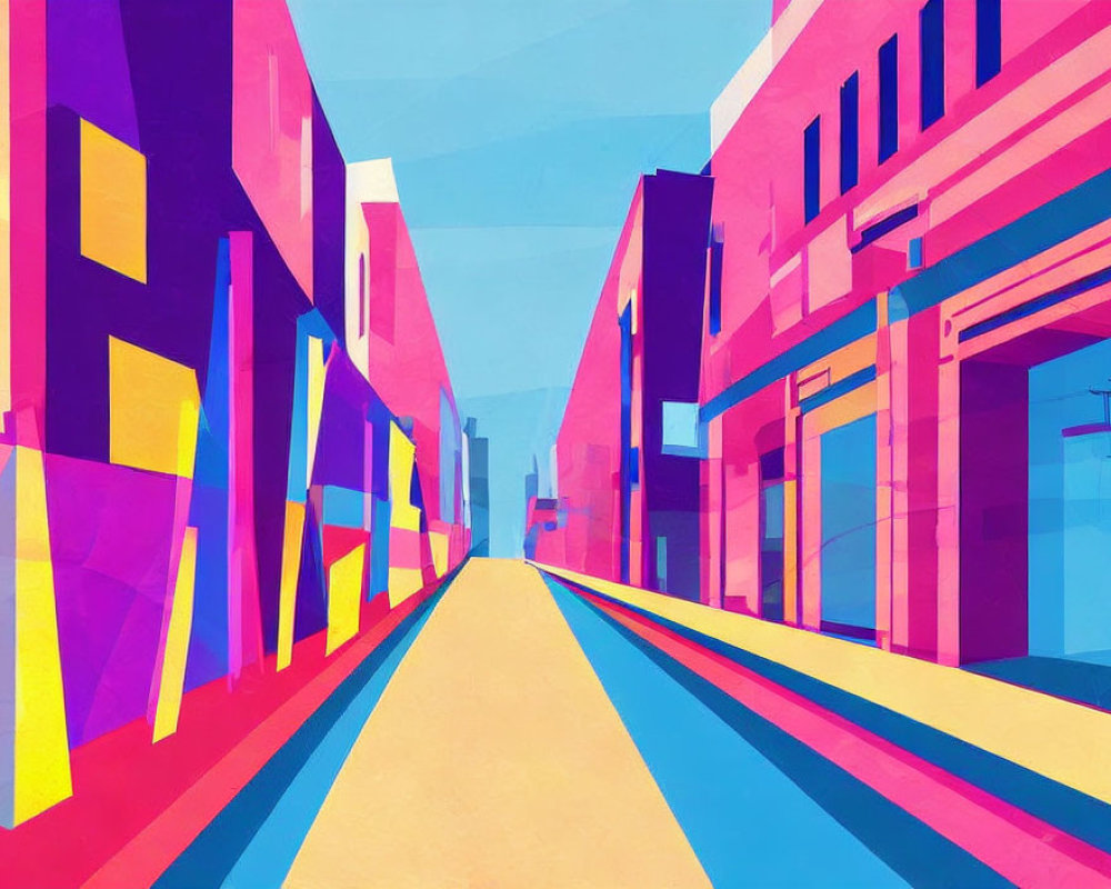 Colorful digital artwork: Stylized street with geometric buildings in pinks, blues, and yell