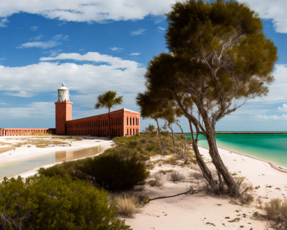 Scenic coastal landscape with red brick lighthouse, sandy beach, and large tree