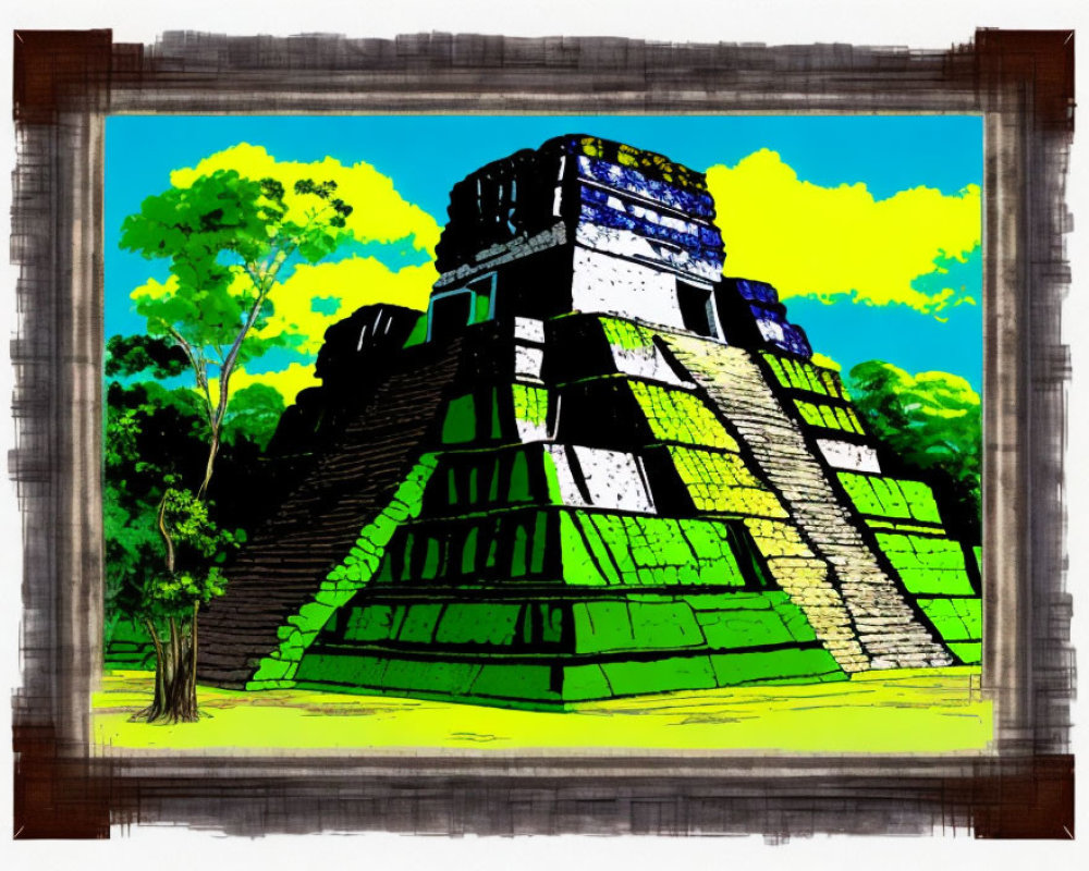 Colorful Stylized Drawing of Mesoamerican Step Pyramid with Trees under Yellow Sky