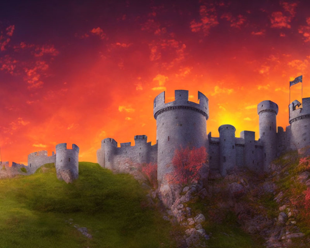 Medieval castle with multiple towers against vibrant sunset sky