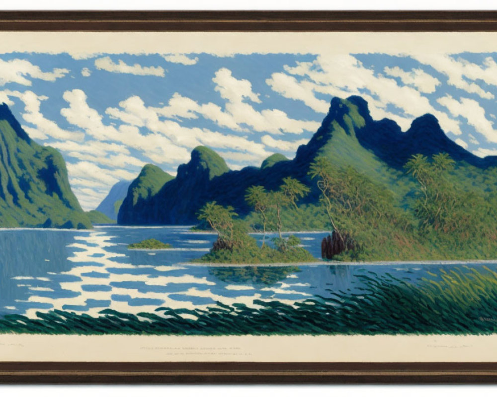 Scenic painting of tranquil river and lush mountains