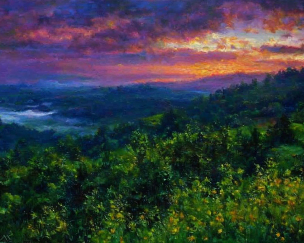 Colorful Sunset Landscape Painting with Purple, Orange, and Yellow Hues