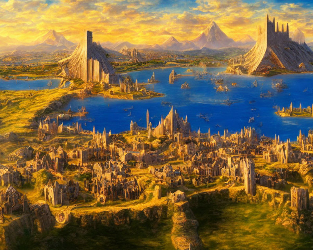 Fantastical landscape with illuminated city, spired structures, mountains, and golden sunset light.