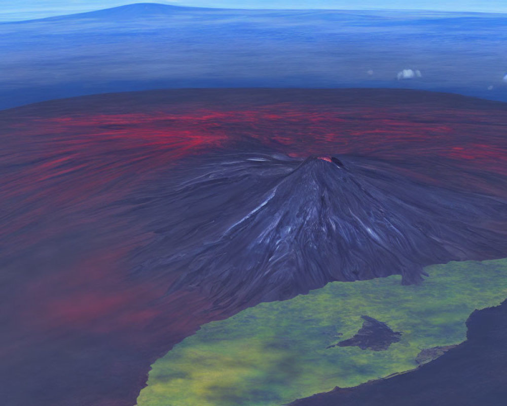 Volcanic landscape with smoking crater and lava flows