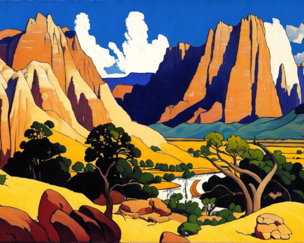 Colorful desert landscape with towering cliffs, river, and trees