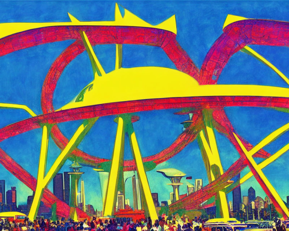 Colorful illustration of red roller coaster tracks against city skyline and blue sky